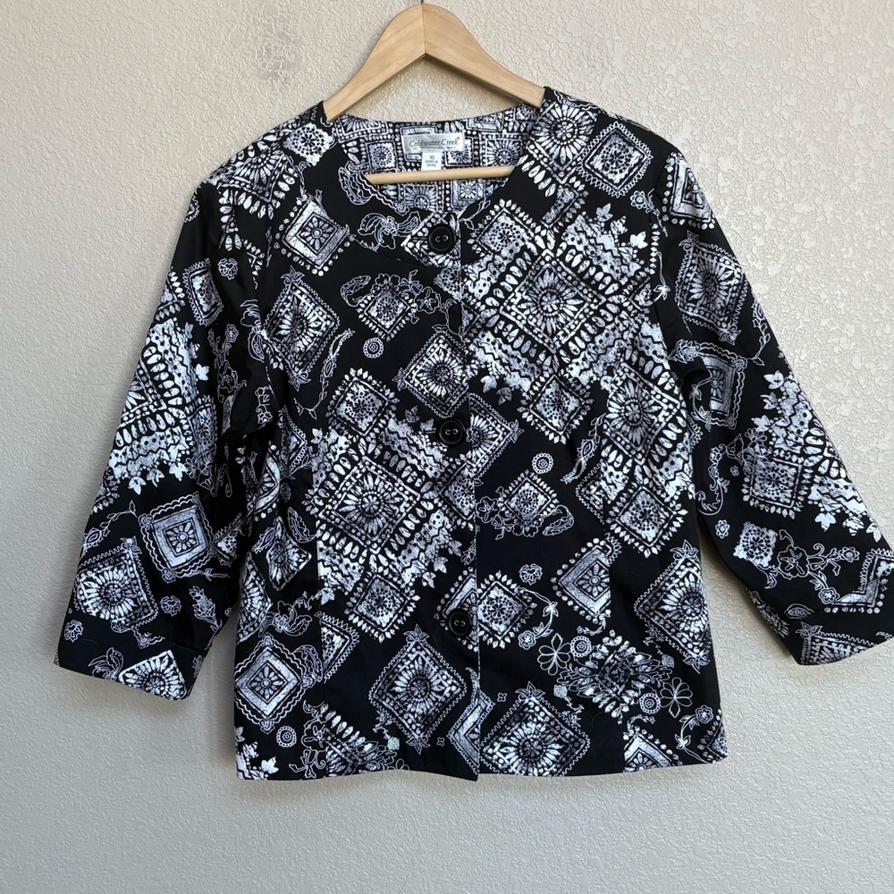 Coldwater‎ Creek Blazer Jacket Black White Medallion Print Cropped Cotton 10